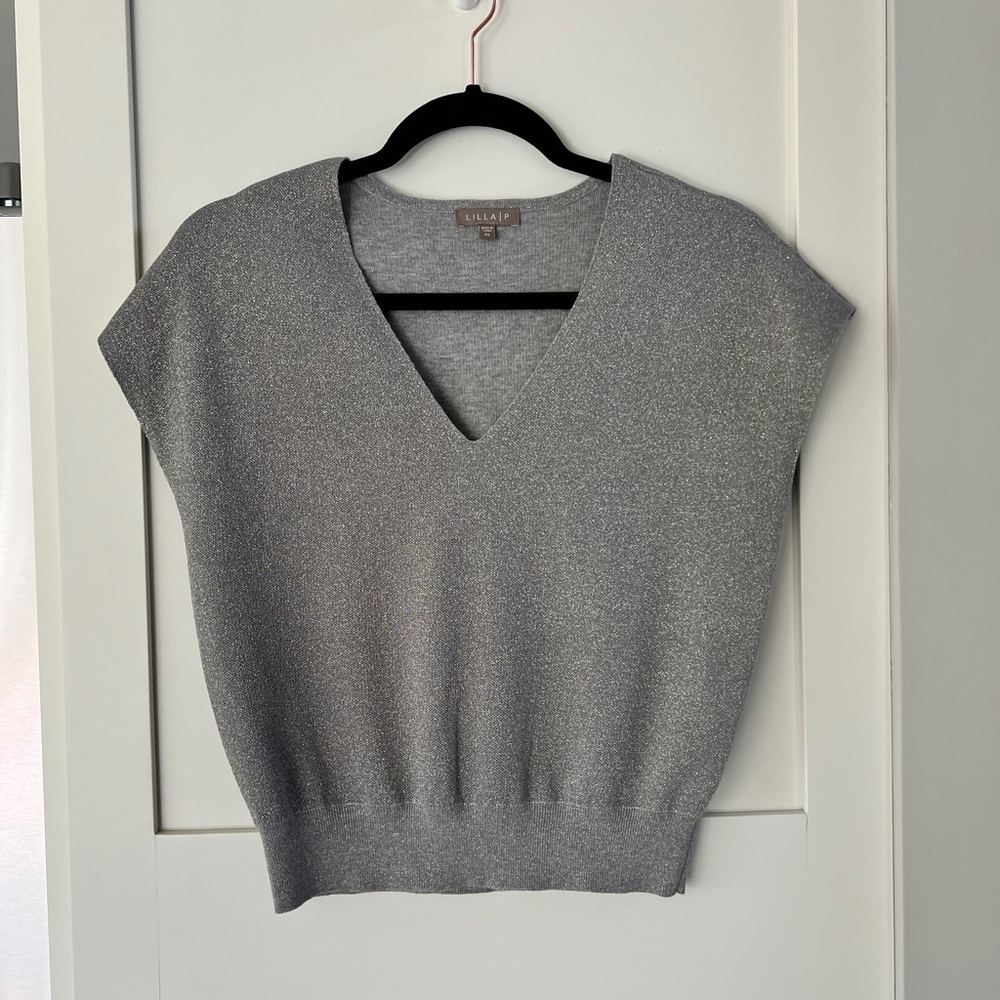 Lilla P Gray Metallic V-Neck Sweater